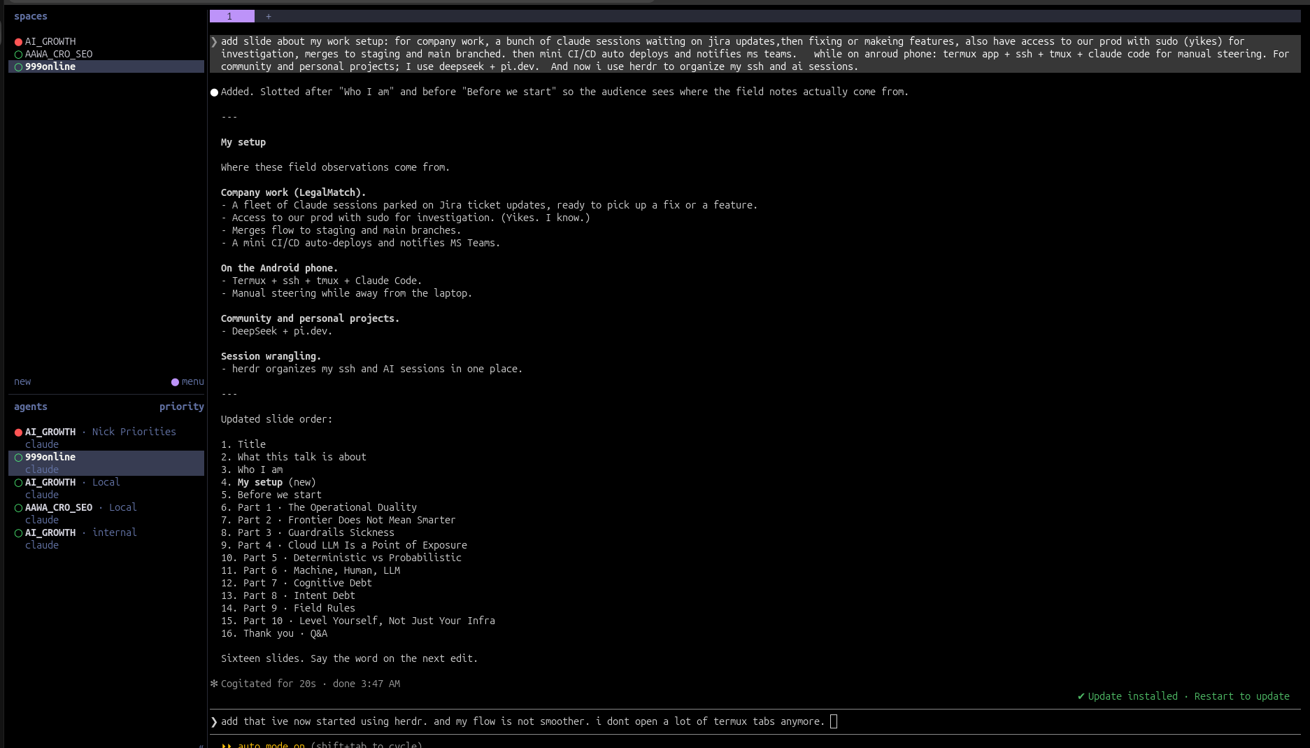 herdr session fabric: spaces and agents sidebar